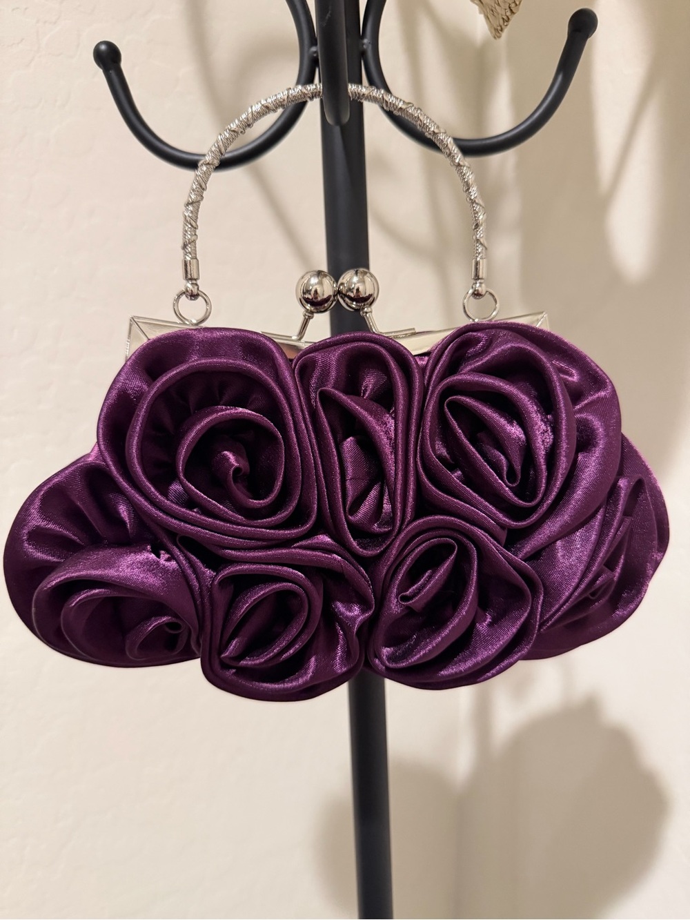 Elegant Purple Rose Satin Clutch Handbag